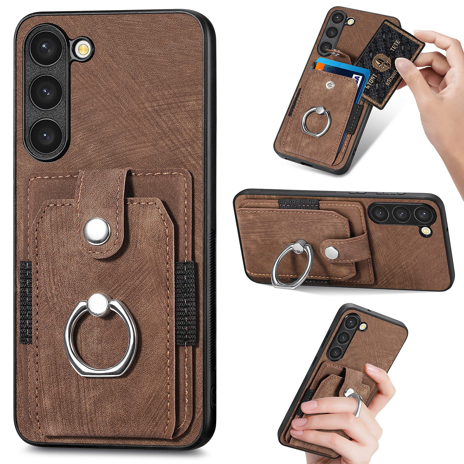 For Samsung Galaxy S23 Card Holder PU Leather PC TPU Cover with Ring Kickstand Phone Case For Samsung Galaxy S23 Card Holder PU Leather PC TPU Cover with Ring Kickstand Phone Case